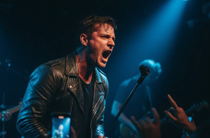 An epic moment of a lead singer passionately performing on stage under dramatic spotlights, with the crowd's hands raised in the foreground, expertly captured through Knoxfield concert photography, showcasing the electrifying atmosphere and raw emotion of live music.