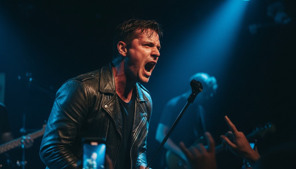 An epic moment of a lead singer passionately performing on stage under dramatic spotlights, with the crowd's hands raised in the foreground, expertly captured through Knoxfield concert photography, showcasing the electrifying atmosphere and raw emotion of live music.
