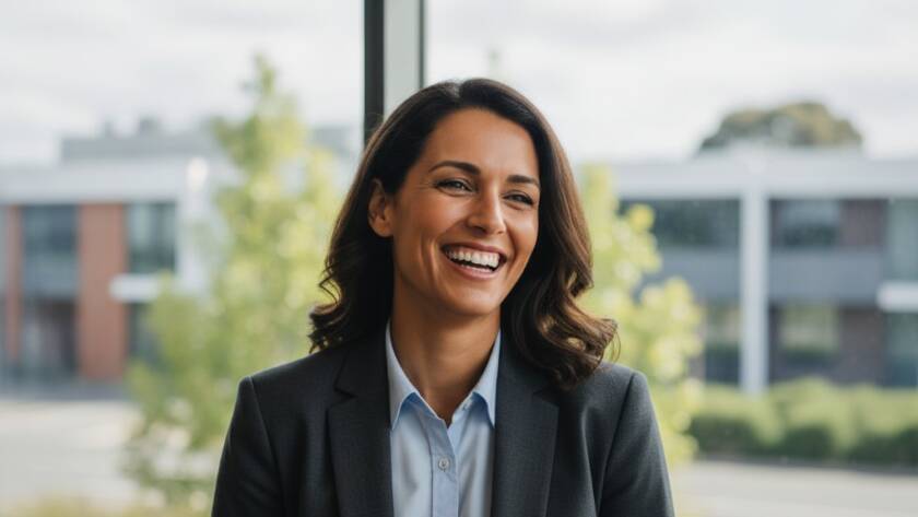 A dynamic, cinematic close-up of a confident business professional smiling genuinely, captured by a Knoxfield corporate headshots professional photographer, against a subtly blurred modern office background with warm, dramatic lighting, conveying success and approachability.