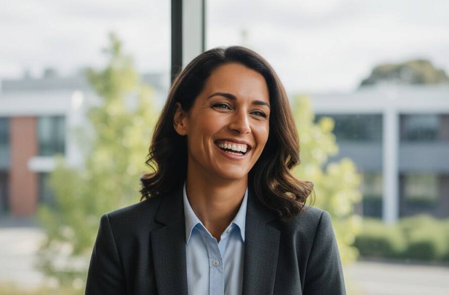 A dynamic, cinematic close-up of a confident business professional smiling genuinely, captured by a Knoxfield corporate headshots professional photographer, against a subtly blurred modern office background with warm, dramatic lighting, conveying success and approachability.