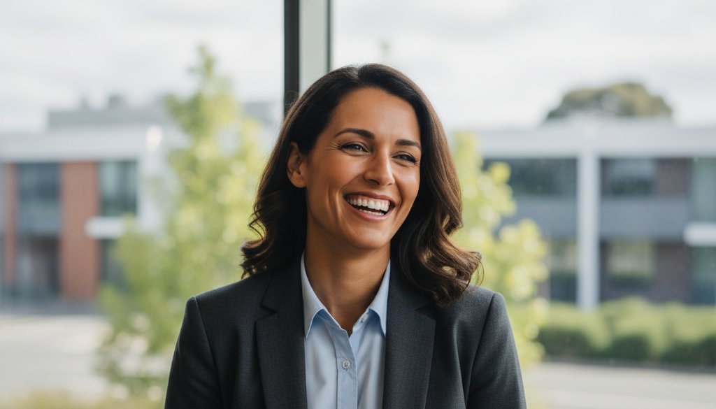 A dynamic, cinematic close-up of a confident business professional smiling genuinely, captured by a Knoxfield corporate headshots professional photographer, against a subtly blurred modern office background with warm, dramatic lighting, conveying success and approachability.