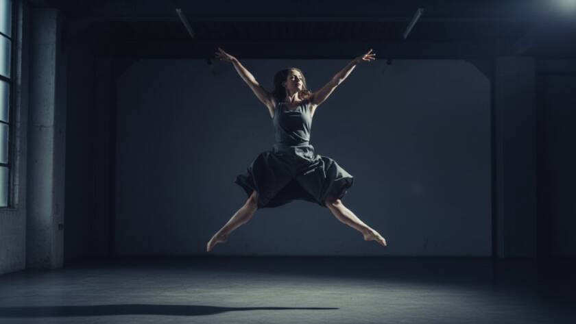 A stunning high-contrast shot of a dancer mid-leap against a dramatic, moody backdrop, perfectly illustrating Knoxfield Dance Photography Capturing Movement with powerful emotion and elegant form.