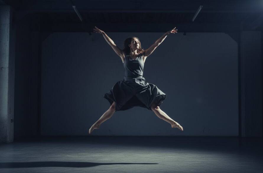 A stunning high-contrast shot of a dancer mid-leap against a dramatic, moody backdrop, perfectly illustrating Knoxfield Dance Photography Capturing Movement with powerful emotion and elegant form.