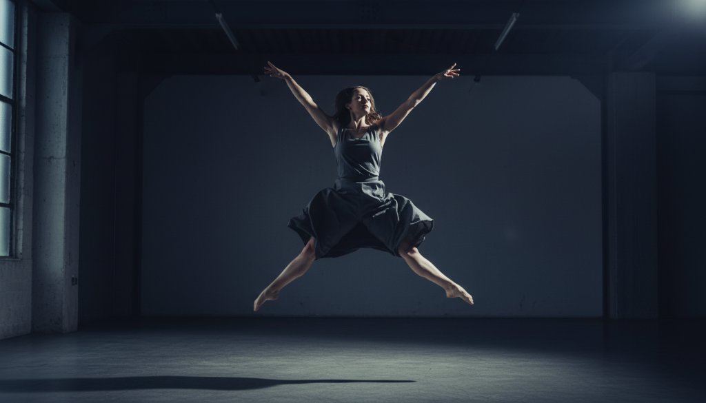A stunning high-contrast shot of a dancer mid-leap against a dramatic, moody backdrop, perfectly illustrating Knoxfield Dance Photography Capturing Movement with powerful emotion and elegant form.