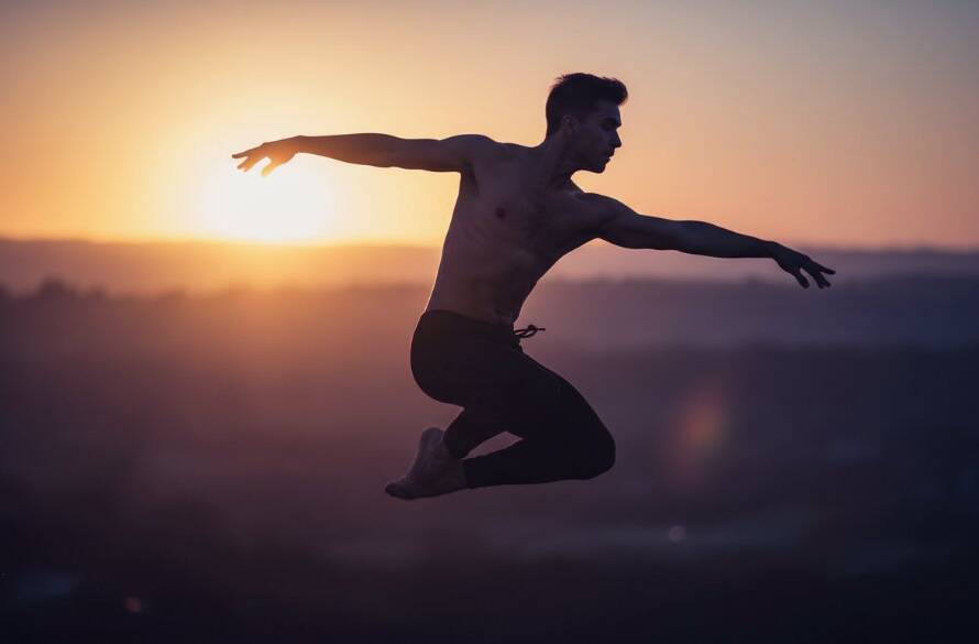An epic moment captured through Knoxfield Dance Photography: Dynamic Movement Captured, showcasing a dancer in a powerful leap against a soft, dramatic backdrop, bathed in golden light, evoking grace and strength.