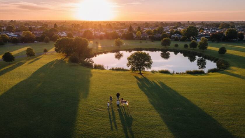 An epic moment captured by Knoxfield drone photography stunning aerial views, showcasing a vibrant sunset over a sprawling Knoxfield park, with dramatic lighting illuminating a family enjoying an outdoor picnic, viewed from a high aerial perspective.