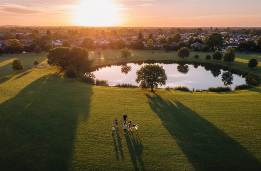 An epic moment captured by Knoxfield drone photography stunning aerial views, showcasing a vibrant sunset over a sprawling Knoxfield park, with dramatic lighting illuminating a family enjoying an outdoor picnic, viewed from a high aerial perspective.