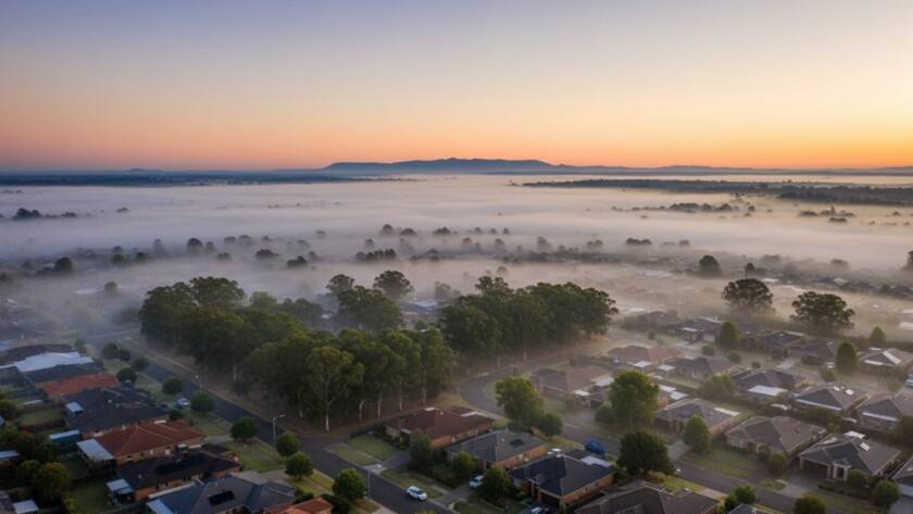 An epic moment captured by Knoxfield drone photography, showing a vibrant Knoxfield residential area at sunset, with golden light illuminating homes and lush trees from a high, dramatic aerial perspective. The scene evokes a sense of peace and expansive beauty, professionally color-graded.