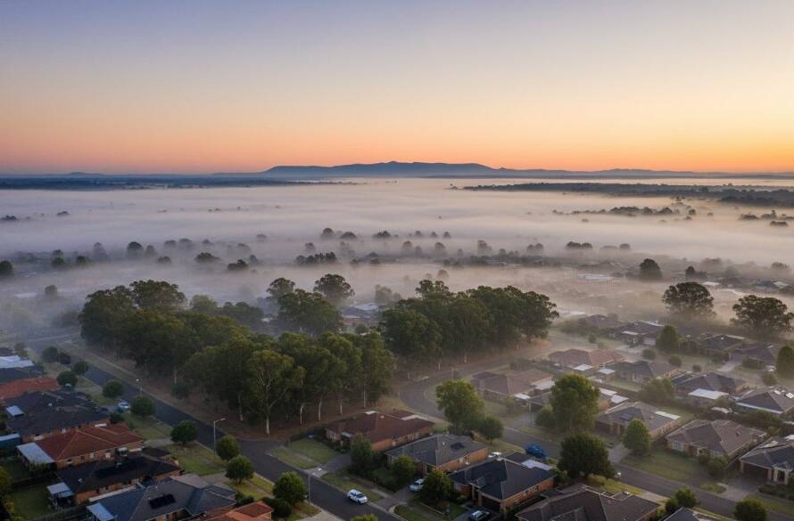 An epic moment captured by Knoxfield drone photography, showing a vibrant Knoxfield residential area at sunset, with golden light illuminating homes and lush trees from a high, dramatic aerial perspective. The scene evokes a sense of peace and expansive beauty, professionally color-graded.
