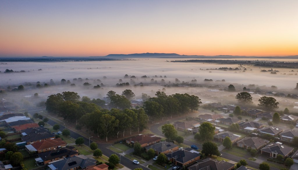 An epic moment captured by Knoxfield drone photography, showing a vibrant Knoxfield residential area at sunset, with golden light illuminating homes and lush trees from a high, dramatic aerial perspective. The scene evokes a sense of peace and expansive beauty, professionally color-graded.