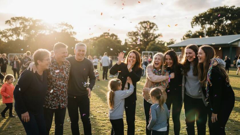 An epic moment of jubilant laughter and connection, expertly captured at a vibrant community gathering, showcasing professional Knoxfield event photography capturing authentic community joy, with diverse attendees embracing in a beautifully lit outdoor setting near a local park in Knoxfield, Victoria.