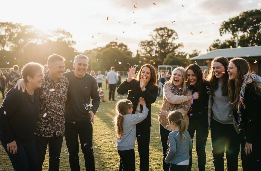 An epic moment of jubilant laughter and connection, expertly captured at a vibrant community gathering, showcasing professional Knoxfield event photography capturing authentic community joy, with diverse attendees embracing in a beautifully lit outdoor setting near a local park in Knoxfield, Victoria.