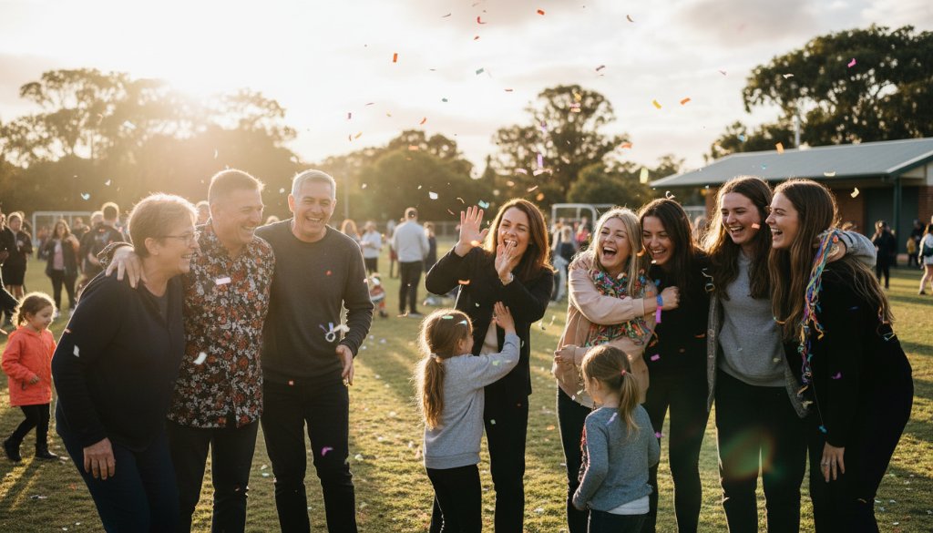 An epic moment of jubilant laughter and connection, expertly captured at a vibrant community gathering, showcasing professional Knoxfield event photography capturing authentic community joy, with diverse attendees embracing in a beautifully lit outdoor setting near a local park in Knoxfield, Victoria.
