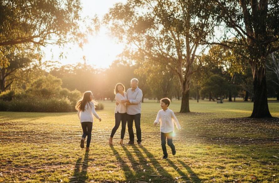 A candid and joyful Knoxfield family photoshoot natural light moment, featuring parents laughing with their children amidst the warm, golden glow of a sunset in a serene Knoxfield park, showcasing authentic family connection with professional color grading.