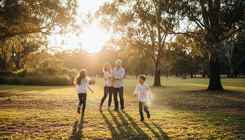 A candid and joyful Knoxfield family photoshoot natural light moment, featuring parents laughing with their children amidst the warm, golden glow of a sunset in a serene Knoxfield park, showcasing authentic family connection with professional color grading.