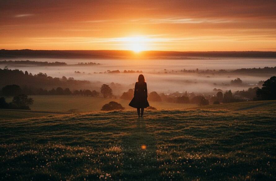A breathtaking Knoxfield fine art photography unique portrait featuring a subject silhouetted against a dramatic sunset sky over a local park, evoking a sense of powerful emotion and artistic depth, with vibrant professional color grading.