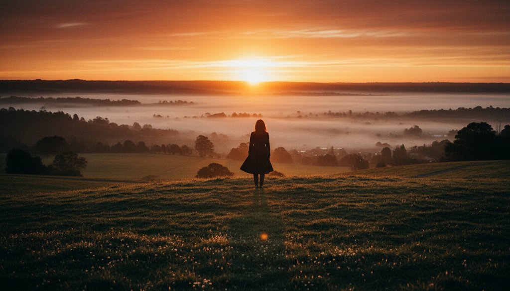 A breathtaking Knoxfield fine art photography unique portrait featuring a subject silhouetted against a dramatic sunset sky over a local park, evoking a sense of powerful emotion and artistic depth, with vibrant professional color grading.