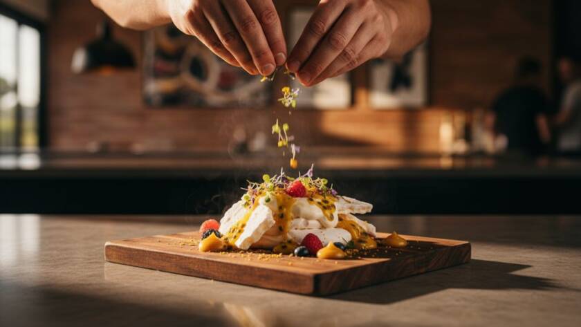 An artistic close-up shot of a sizzling gourmet burger on a rustic wooden board, dramatically lit to highlight steam rising and melted cheese, set against a blurred background evoking a bustling Knoxfield cafe, perfect for 'Knoxfield food photography vibrant storytelling local eateries'.