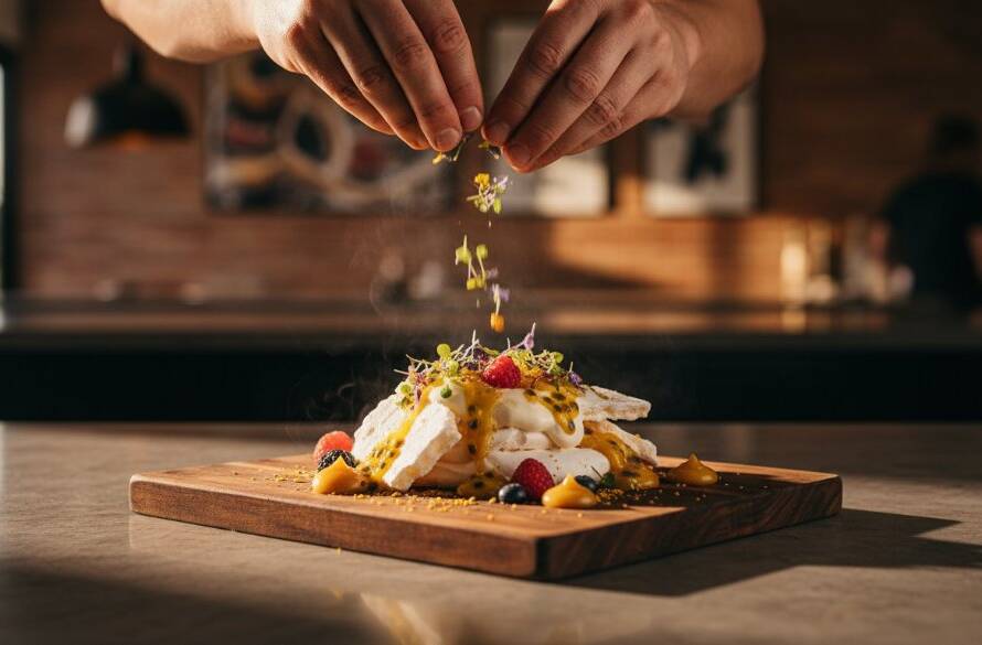 An artistic close-up shot of a sizzling gourmet burger on a rustic wooden board, dramatically lit to highlight steam rising and melted cheese, set against a blurred background evoking a bustling Knoxfield cafe, perfect for 'Knoxfield food photography vibrant storytelling local eateries'.