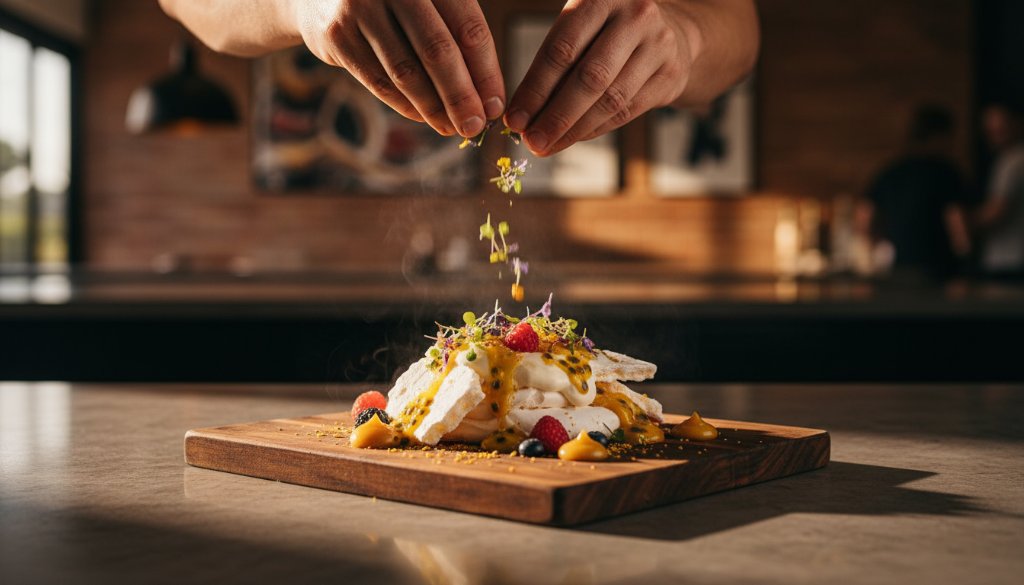 An artistic close-up shot of a sizzling gourmet burger on a rustic wooden board, dramatically lit to highlight steam rising and melted cheese, set against a blurred background evoking a bustling Knoxfield cafe, perfect for 'Knoxfield food photography vibrant storytelling local eateries'.