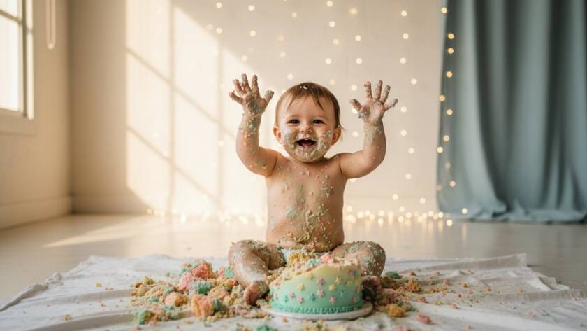 A stunning, professionally lit wide-shot capturing the raw, unbridled joy of a baby's first birthday during a Knoxfield joyous first birthday cake smash photography session, messy hands in cake, golden hour lighting, cinematic.