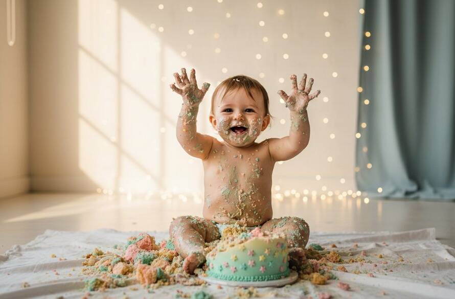 A stunning, professionally lit wide-shot capturing the raw, unbridled joy of a baby's first birthday during a Knoxfield joyous first birthday cake smash photography session, messy hands in cake, golden hour lighting, cinematic.