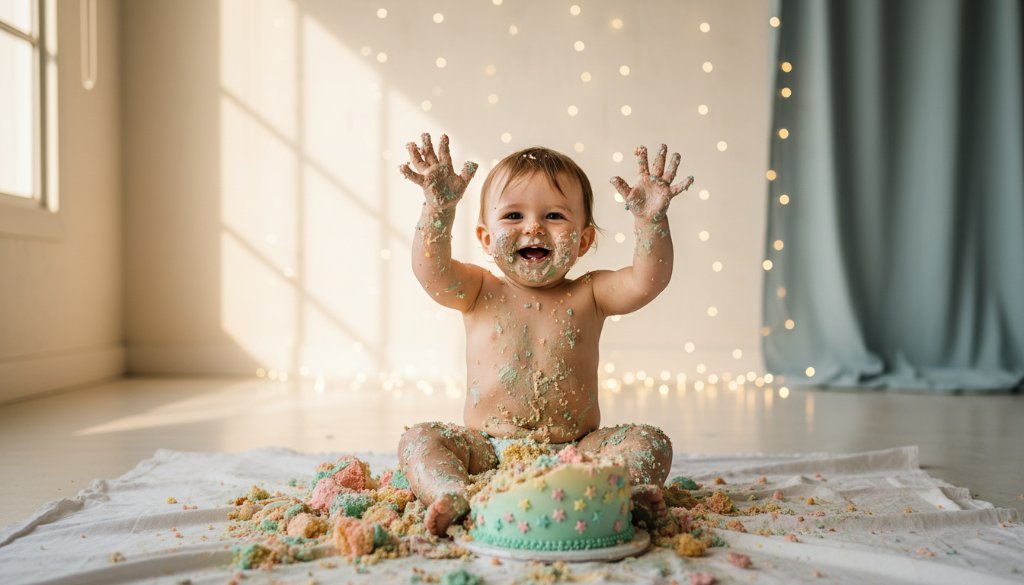 A stunning, professionally lit wide-shot capturing the raw, unbridled joy of a baby's first birthday during a Knoxfield joyous first birthday cake smash photography session, messy hands in cake, golden hour lighting, cinematic.