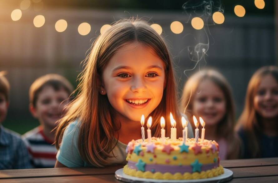 A Knoxfield kids birthday party photographer capturing a child's face lighting up with pure joy as they blow out candles on a vibrant cake, surrounded by blurred, laughing friends, with warm, dramatic backlighting highlighting the smoke from the candles. Professional, cinematic shot.