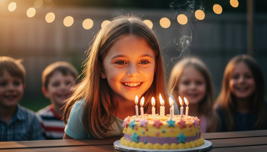 A Knoxfield kids birthday party photographer capturing a child's face lighting up with pure joy as they blow out candles on a vibrant cake, surrounded by blurred, laughing friends, with warm, dramatic backlighting highlighting the smoke from the candles. Professional, cinematic shot.