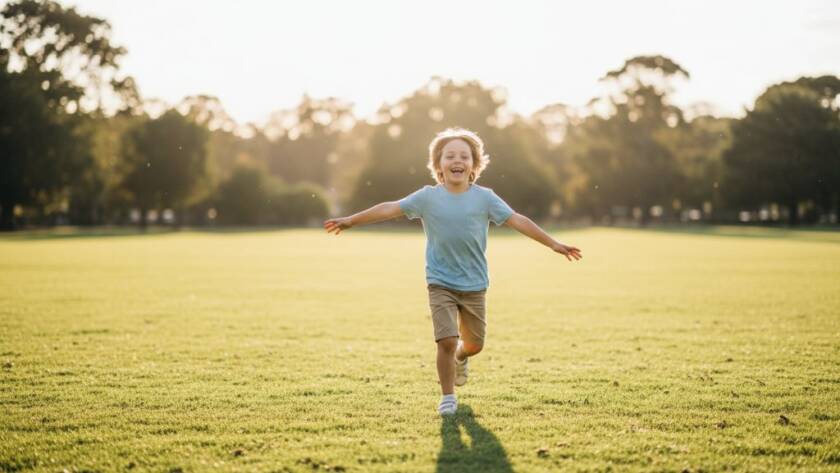 An epic moment captured during Knoxfield kids photography authentic moments Victoria, featuring a child joyfully leaping through golden afternoon light in a Knoxfield park, arms outstretched with a wide smile, showcasing vibrant energy and natural spontaneity.