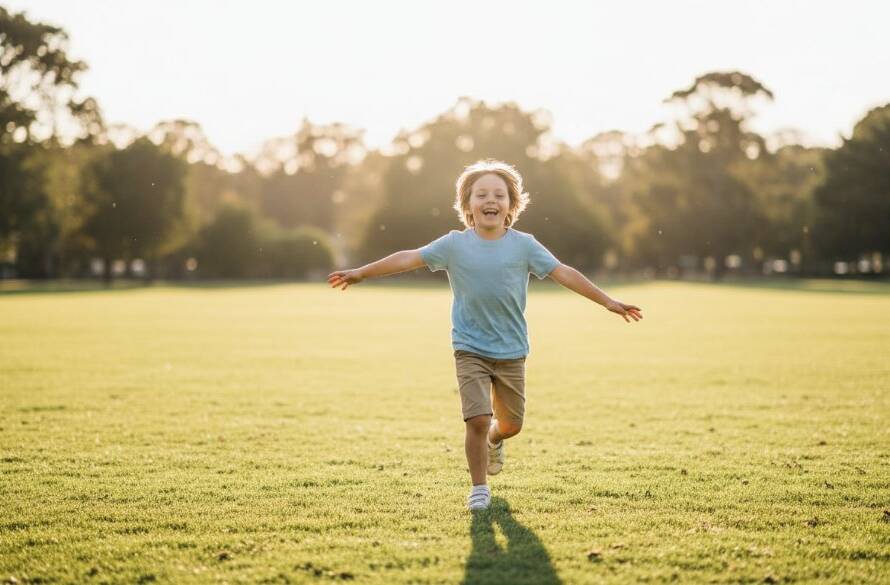 An epic moment captured during Knoxfield kids photography authentic moments Victoria, featuring a child joyfully leaping through golden afternoon light in a Knoxfield park, arms outstretched with a wide smile, showcasing vibrant energy and natural spontaneity.