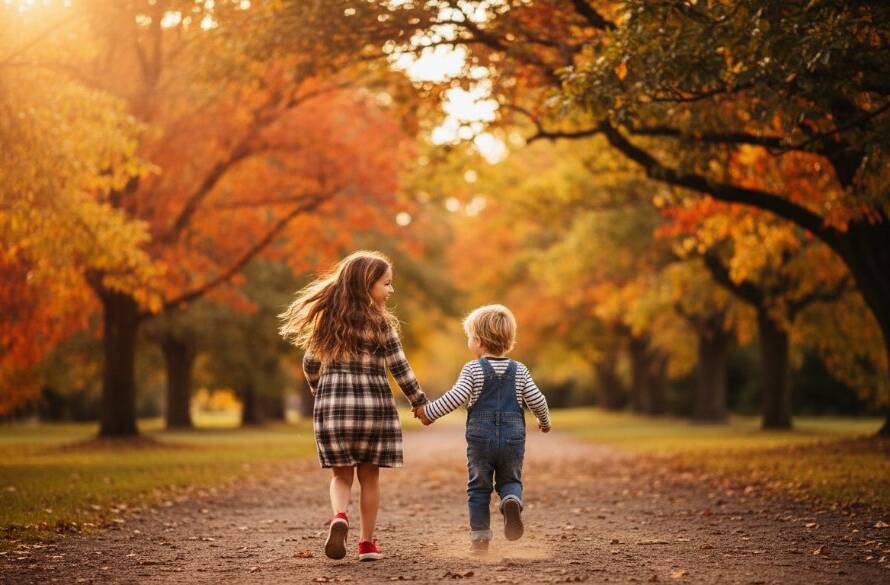 An epic moment photograph showcasing Knoxfield kids photography capturing genuine smiles, featuring a child joyfully running through autumn leaves at Wally Tew Reserve, bathed in golden hour light with dramatic professional color grading.