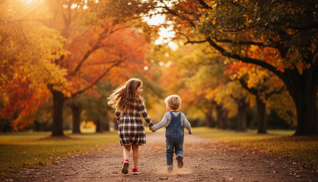 An epic moment photograph showcasing Knoxfield kids photography capturing genuine smiles, featuring a child joyfully running through autumn leaves at Wally Tew Reserve, bathed in golden hour light with dramatic professional color grading.