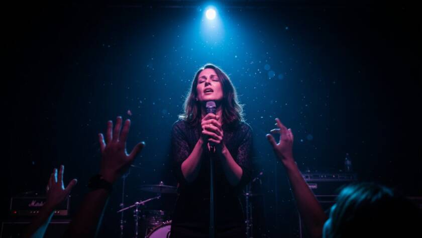 A dynamic shot of a lead guitarist mid-shred at a Knoxfield live music venue, audience hands raised, spotlights creating dramatic flares. Capturing the peak of an epic Knoxfield live music photography moments capture.