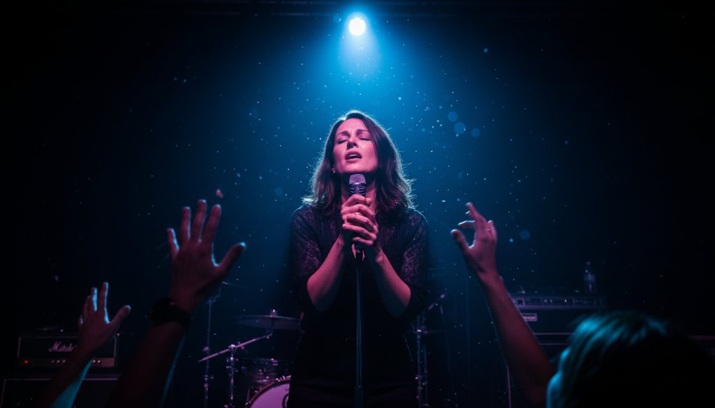 A dynamic shot of a lead guitarist mid-shred at a Knoxfield live music venue, audience hands raised, spotlights creating dramatic flares. Capturing the peak of an epic Knoxfield live music photography moments capture.