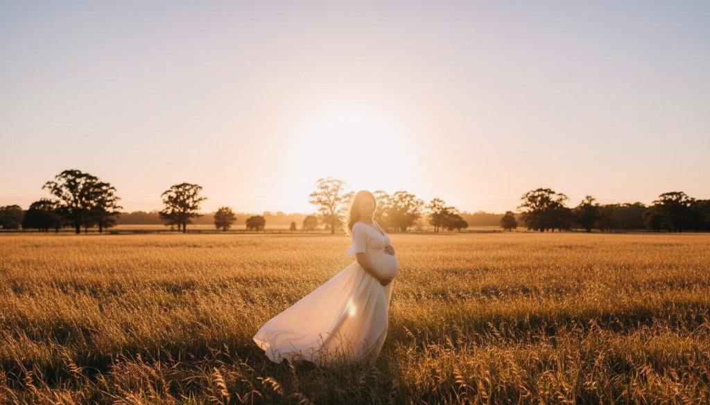 An emotionally radiant pregnant woman, elegantly posed amidst the lush, golden-hour glow of a Knoxfield park, capturing a Knoxfield maternity photography artistic outdoor portrait with dramatic lighting and professional colour grading.