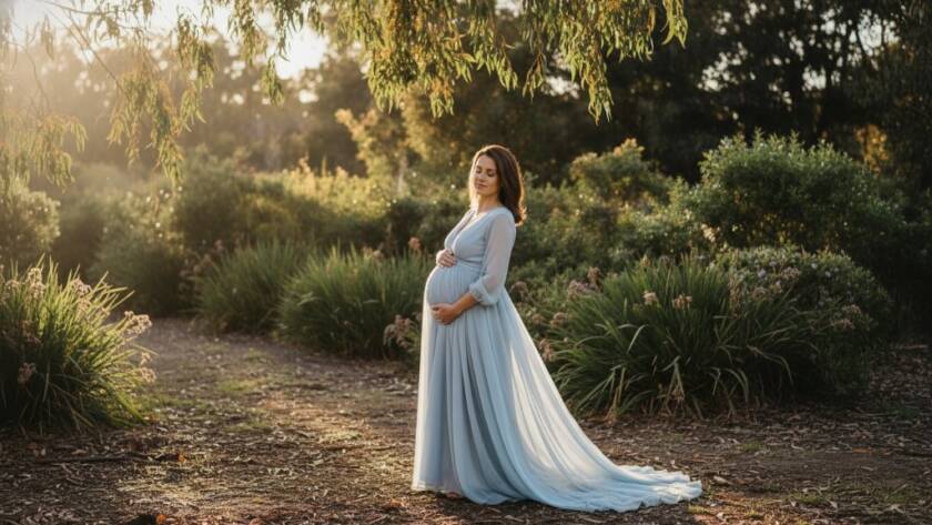 A radiant expectant mother in Knoxfield, bathed in golden hour light, cradling her bump, symbolising the glowing journey of motherhood. This stunning image captures the essence of Knoxfield maternity photography capturing your glowing journey, with a serene Australian bushland backdrop.