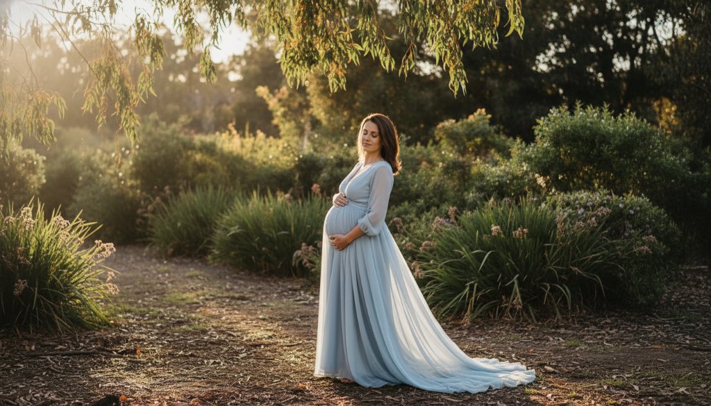 A radiant expectant mother in Knoxfield, bathed in golden hour light, cradling her bump, symbolising the glowing journey of motherhood. This stunning image captures the essence of Knoxfield maternity photography capturing your glowing journey, with a serene Australian bushland backdrop.