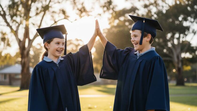Two beaming primary school graduates in Knoxfield, wearing caps and gowns, celebrating with a joyful high-five against a vibrant, sun-drenched backdrop, symbolizing the essence of Knoxfield primary school graduation photos capturing joy.