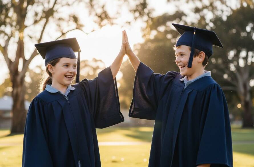 Two beaming primary school graduates in Knoxfield, wearing caps and gowns, celebrating with a joyful high-five against a vibrant, sun-drenched backdrop, symbolizing the essence of Knoxfield primary school graduation photos capturing joy.