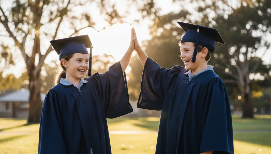 Two beaming primary school graduates in Knoxfield, wearing caps and gowns, celebrating with a joyful high-five against a vibrant, sun-drenched backdrop, symbolizing the essence of Knoxfield primary school graduation photos capturing joy.