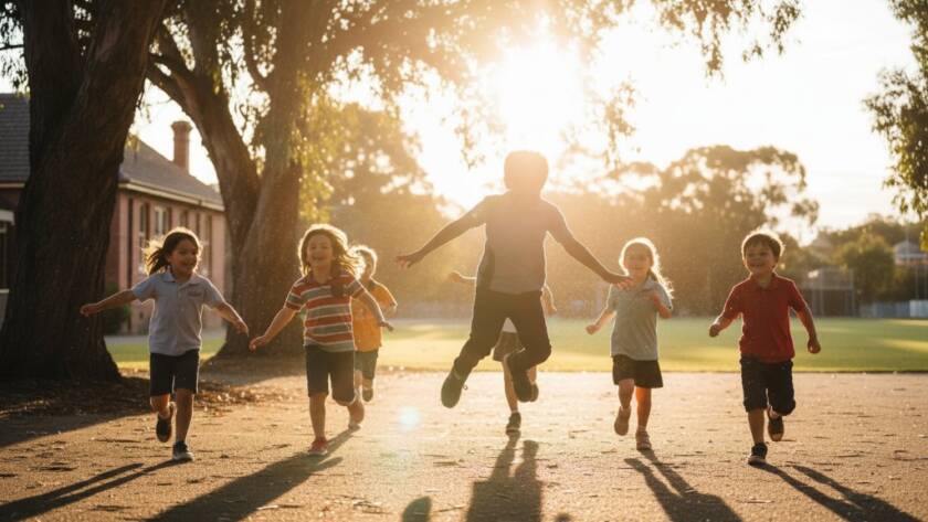 A candid, joyful moment of a group of primary school children from Knoxfield laughing together during an outdoor play session, beautifully captured by Knoxfield primary school photography, with soft, golden hour lighting highlighting their genuine expressions.