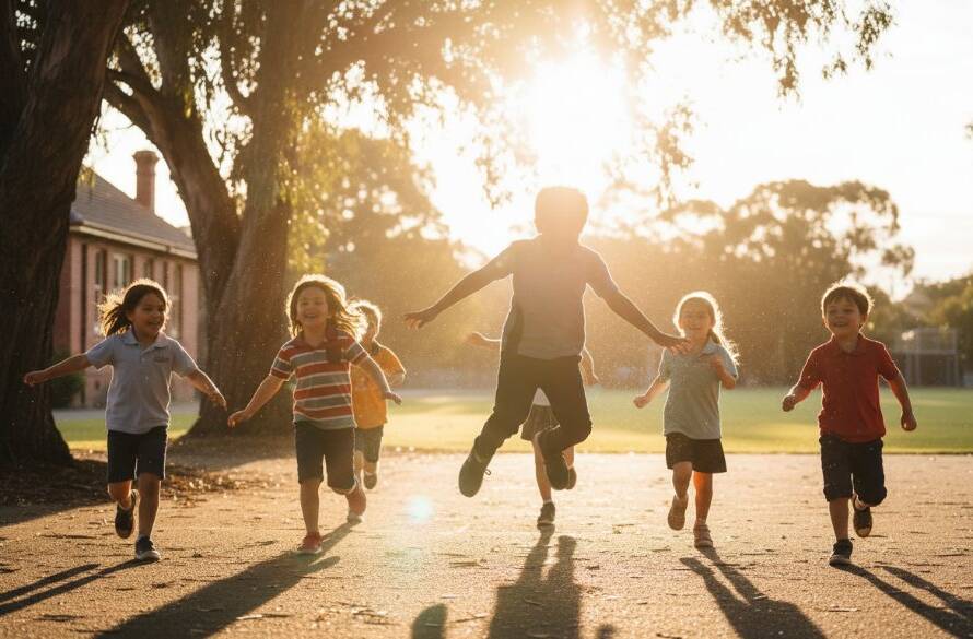 A candid, joyful moment of a group of primary school children from Knoxfield laughing together during an outdoor play session, beautifully captured by Knoxfield primary school photography, with soft, golden hour lighting highlighting their genuine expressions.