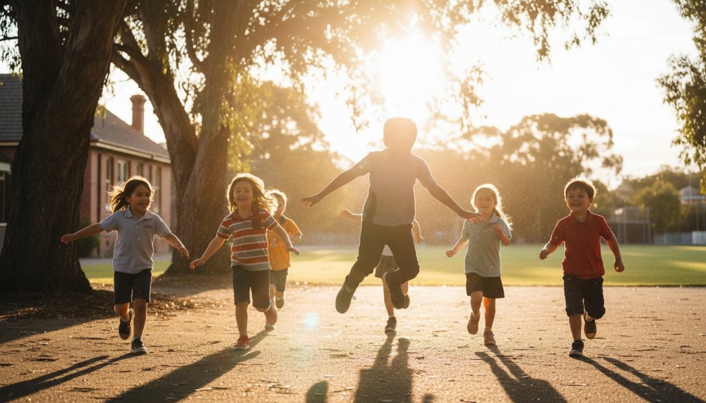 A candid, joyful moment of a group of primary school children from Knoxfield laughing together during an outdoor play session, beautifully captured by Knoxfield primary school photography, with soft, golden hour lighting highlighting their genuine expressions.