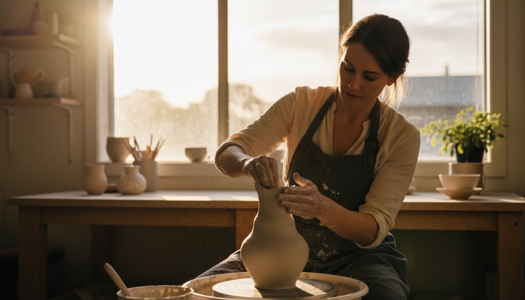 An epic, dramatically lit photograph capturing a small business owner in Knoxfield proudly showcasing their artisanal product, reflecting Knoxfield professional branding photography for local businesses, with vibrant, professional colour grading.