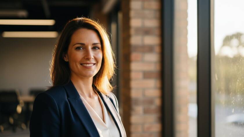 A dynamic, cinematic close-up of a smiling business professional in Knoxfield, bathed in warm, dramatic natural light from the Dandenong Ranges, exuding confidence and approachability, serving as an ideal Knoxfield Professional Headshots for Business Branding Victoria example.