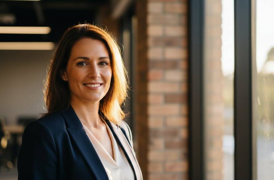 A dynamic, cinematic close-up of a smiling business professional in Knoxfield, bathed in warm, dramatic natural light from the Dandenong Ranges, exuding confidence and approachability, serving as an ideal Knoxfield Professional Headshots for Business Branding Victoria example.