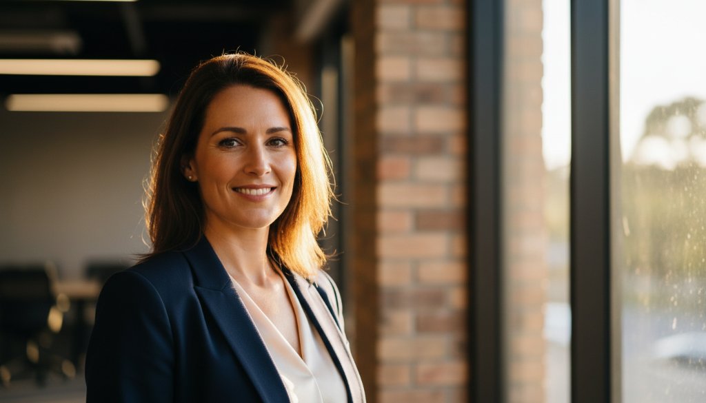 A dynamic, cinematic close-up of a smiling business professional in Knoxfield, bathed in warm, dramatic natural light from the Dandenong Ranges, exuding confidence and approachability, serving as an ideal Knoxfield Professional Headshots for Business Branding Victoria example.