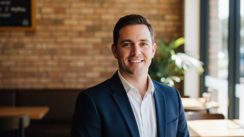 An inspiring close-up of a professional woman smiling confidently in a modern co-working space in Knoxfield, bathed in warm, soft natural light, showcasing expert Knoxfield professional headshots for local businesses.