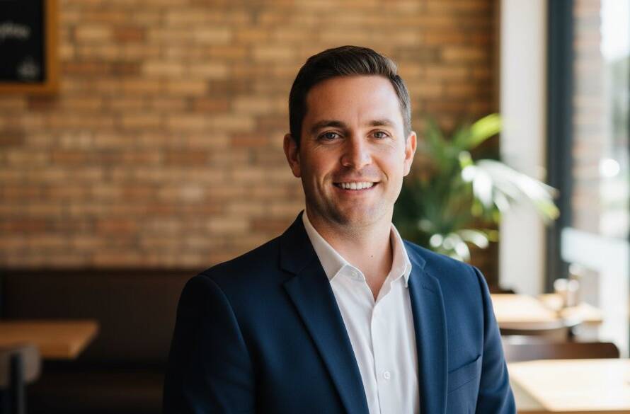 An inspiring close-up of a professional woman smiling confidently in a modern co-working space in Knoxfield, bathed in warm, soft natural light, showcasing expert Knoxfield professional headshots for local businesses.